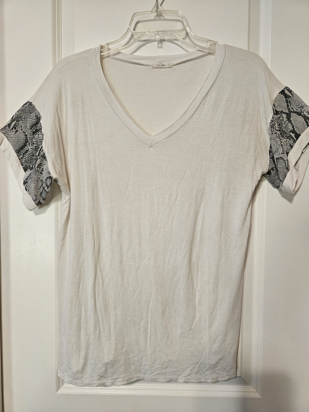 White V-Neck Tee with Snake-Print Sleeve Accents